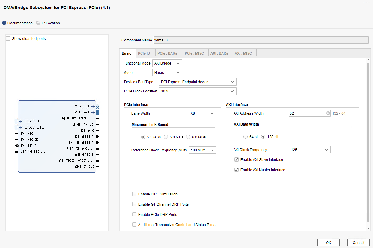 PCIe core open on the Basic tab. Set Functional Mode to AXI Bridge, Mode to Basic, Device / Port Type to PCI Express Endpoint device, and PCIe Block Location to X0Y0. Set Lane Width to X8, AXI Address Width to 32, Maximum Link Speed to 2.5 GT/s, Reference Clock Frequency (MHz) to 100 MHz, AXI Data Width to 128 bit, and AXI Clock Frequency to 125. Select Enable AXI Slave Interface and Enable AXI Master Interface checkboxes.