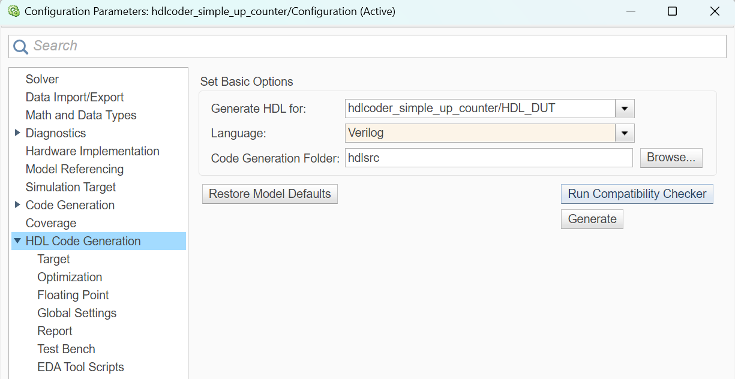 Verilog language selected in the Configuration parameters dialog box.