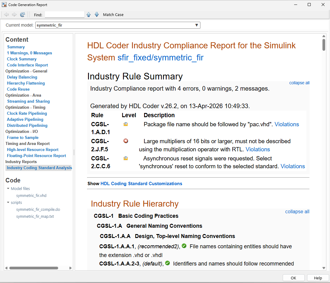 Code Generation Report view of HDL Coder Industry Compliance Report for the Simulink system
