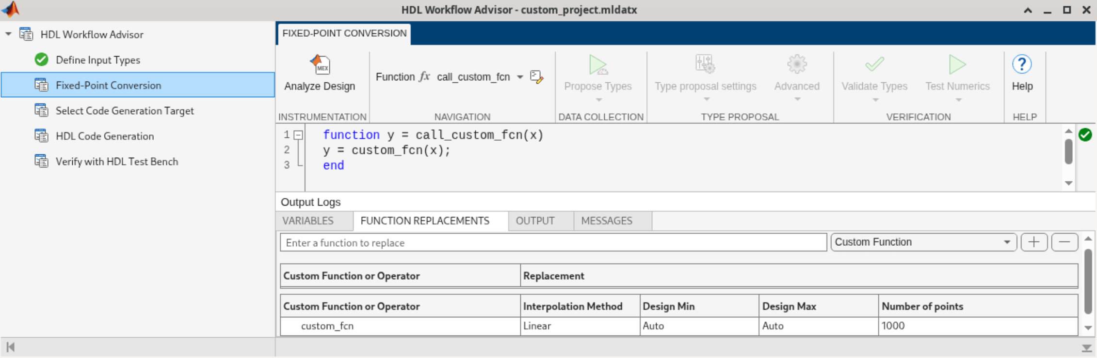Function Replacements tab showing custom_fcn configured with Linear interpolation, Auto design minimum and maximum, and 1000 points