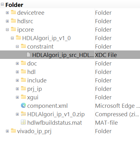 Image shows location of Xilinx Design Constraints (XDC) file inside the generated IP core folder