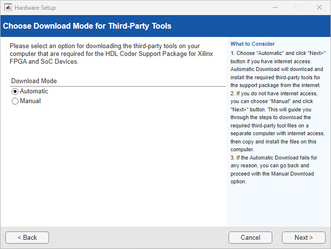 Choose Download Mode for Third-Party Tools Window that has Automatic or Manual options