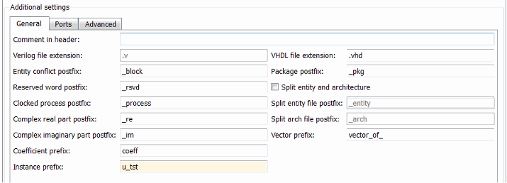 General tab under Global Settings in the Generate HDL tool