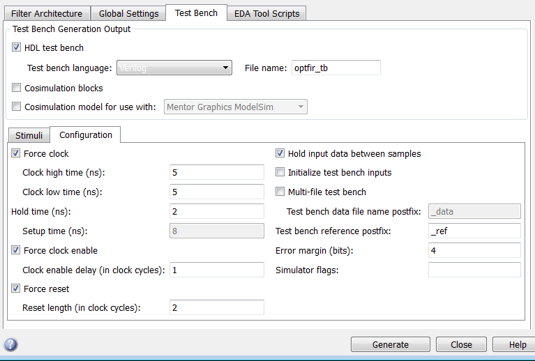 Test Bench tab of the Generate HDL tool