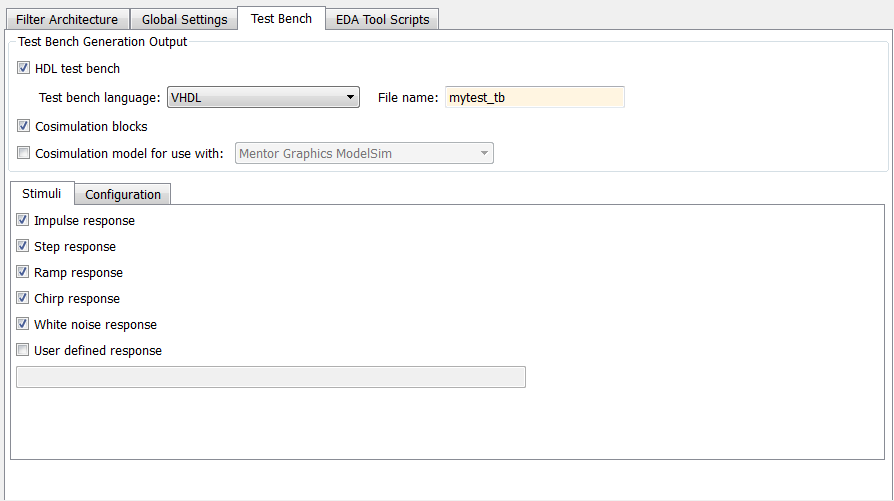 Test Bench tab of Generate HDL tool