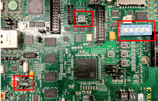 Jumpers to configure USB, JTAG Select, and SW10 switch positions on the ZC702 board