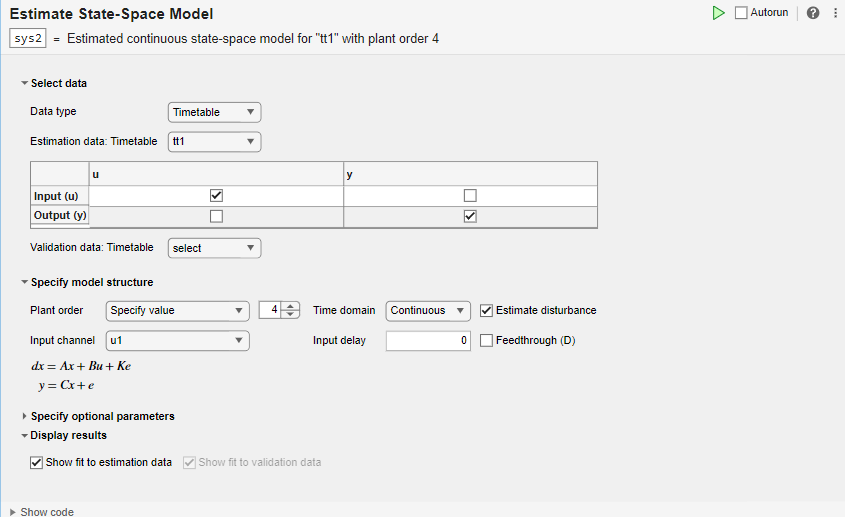 Estimate State-Space Model task in Live Editor