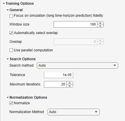 Nonlinear ARX Model Training options in the app
