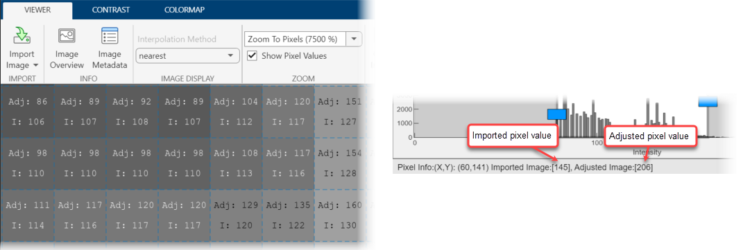 Pixel info showing the imported and adjusted value