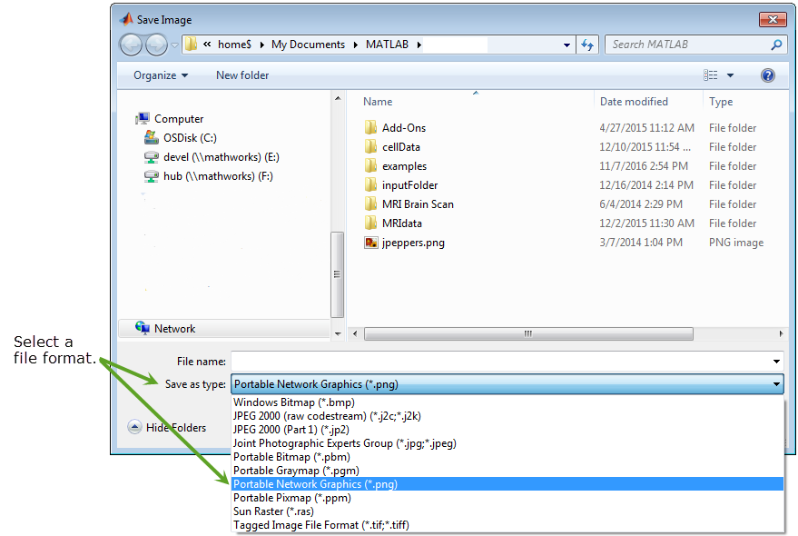 Save as type dropdown menu within the Save Image dialog box. The Portable Network Graphics (*.png) option is selected from a list of common graphics file formats.