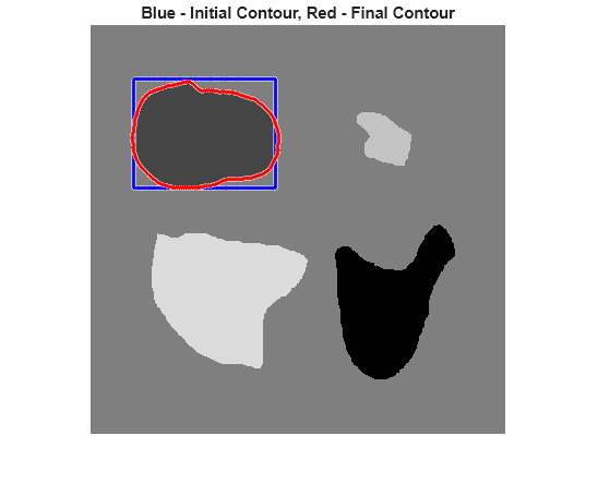 Figure contains an axes object. The hidden axes object with title Blue - Initial Contour, Red - Final Contour contains 5 objects of type line, image.