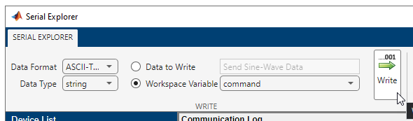 Serial Explorer app Write section for ASCII data.