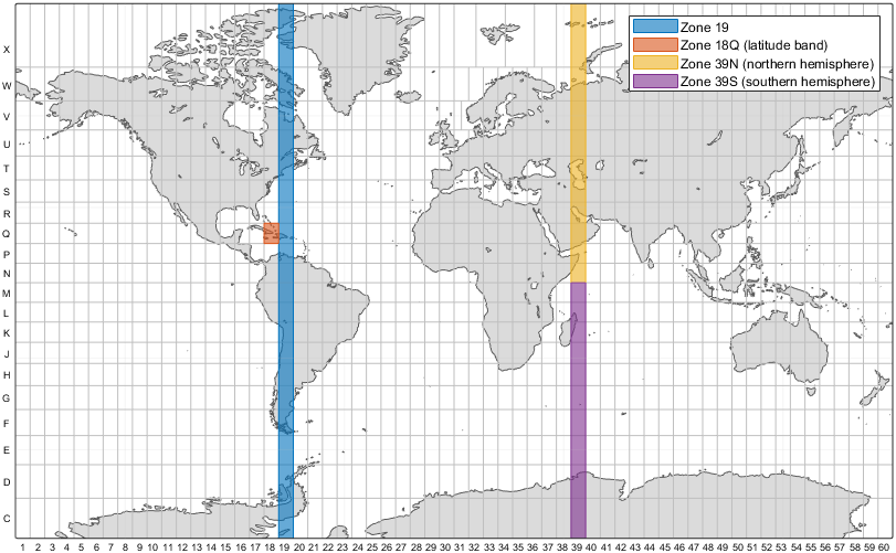 World map displaying zones in the UTM system