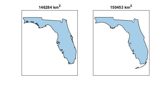 Comparison of polygon shapes and areas for the state of Florida. The areas of the polygons shapes are 146,284 square kilometers and 150,453 square kilometers.