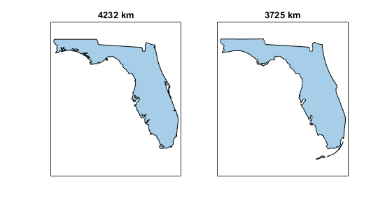 Comparison of polygon shapes and perimeters for the state of Florida. The perimeters of the polygon shapes are 4232 kilometers and 3725 kilometers.