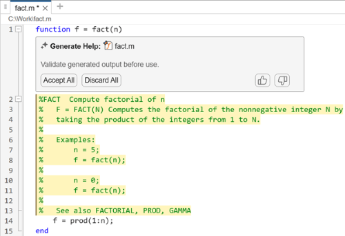 Function file in the Editor, showing a function with generated help text and a box labeled "Generate Help." The box has buttons labeled "Accept All" and "Discard All," as well as buttons to provide positive or negative feedback.