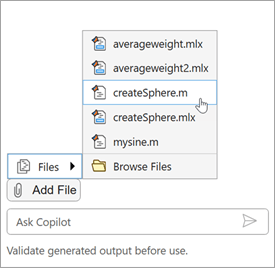 Copilot Chat panel, showing the Add File button pressed and a file from the current folder selected
