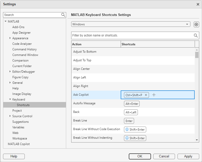 Ask Copilot keyboard shortcut setting in the Settings window