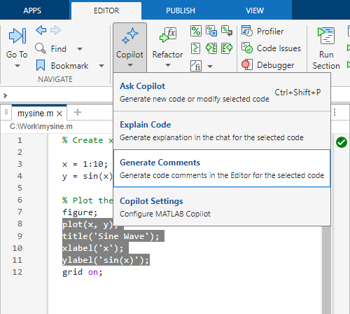 MATLAB desktop, showing highlighted code in the Editor and the Copilot > Generate Comments option on the Editor tab of the MATLAB Toolstrip.