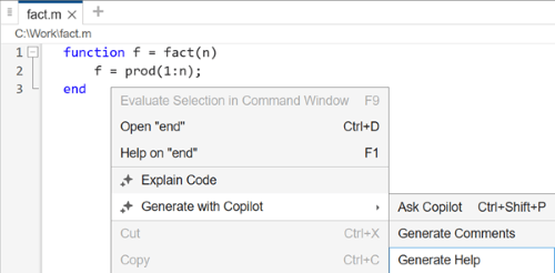 Function file in the Editor, with no help text. Below the function is a context menu with "Generate Help" selected.