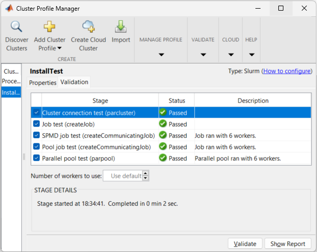 Cluster Profile Manager with the install test cluster profile selected. The validation results for the Slurm cluster show that all the stage tests have passed.