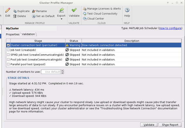 Cluster validation tab of the Cluster Profile Manager that shows validation results.