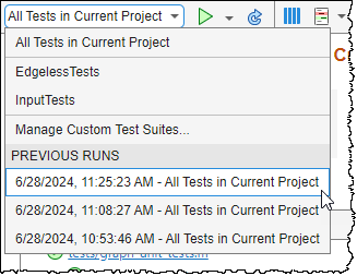 The mouse points to a previous run of All Tests in Current Project.