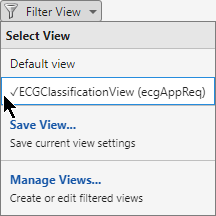 The mouse points to the ECGClassificationView view in the Filter View menu.