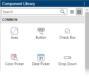 App Designer Component Library. The library lists common components, such as Axes, Button, and Check Box components.