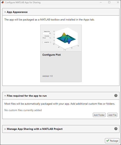 Configure MATLAB App for Sharing dialog box. The dialog box has three sections: App Appearance, Files required for the app to run, and Manage App Sharing with a MATLAB Project.