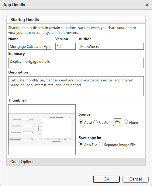 App Details dialog box showing fields for the app name, version, author, summary, and description.