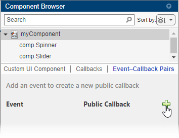Component Browser Inspector for the myComponent node. The Event–Callback Pairs tab is selected and contains a plus button.