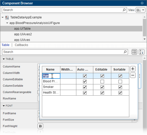 Component Browser with a table UI component selected and the table column editor open
