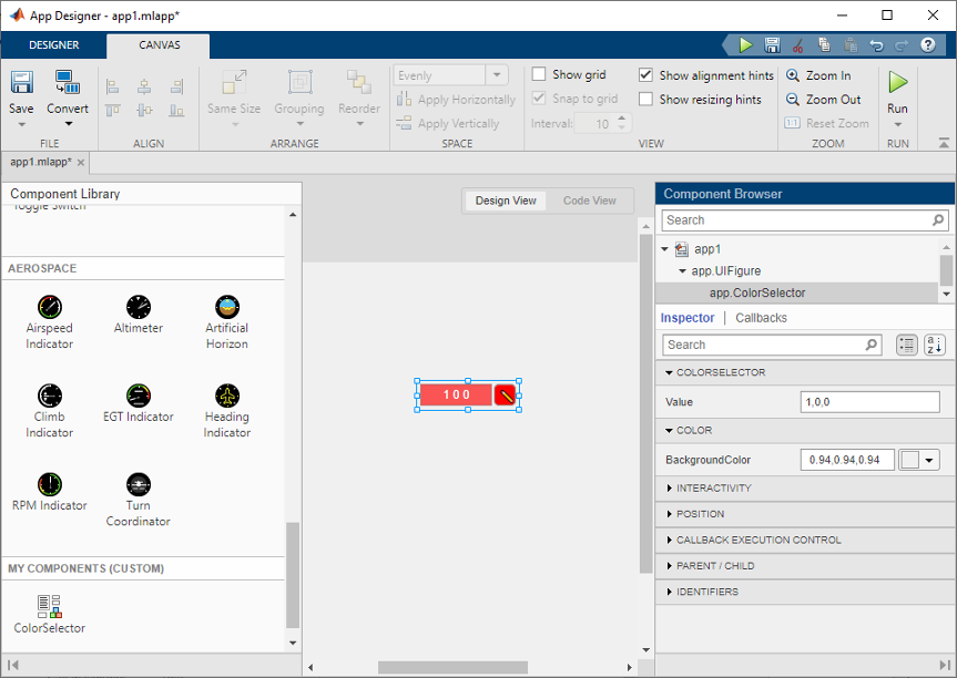 A ColorSelector UI component on the App Designer canvas. The UI component is selected and editable via the App Designer Component Browser.