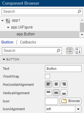 Component Browser showing the property inspector for a button component.