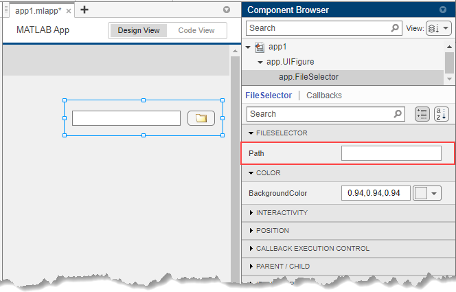 File selector component in an App Designer app. The component is selected and the Component Browser lists the Path property.