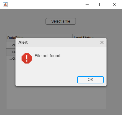 Alert dialog box in a UI figure window. The app is visible behind the dialog box.