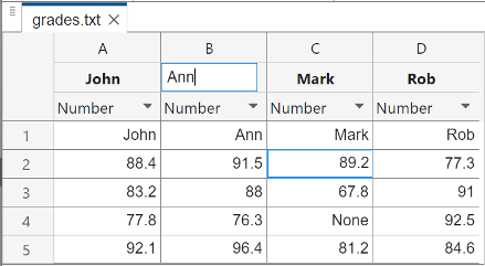 The cursor is at the end of the variable name Ann in the header of table column B