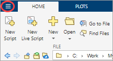Left section of the MATLAB toolstrip with the MATLAB Home button at the top left of the toolstrip