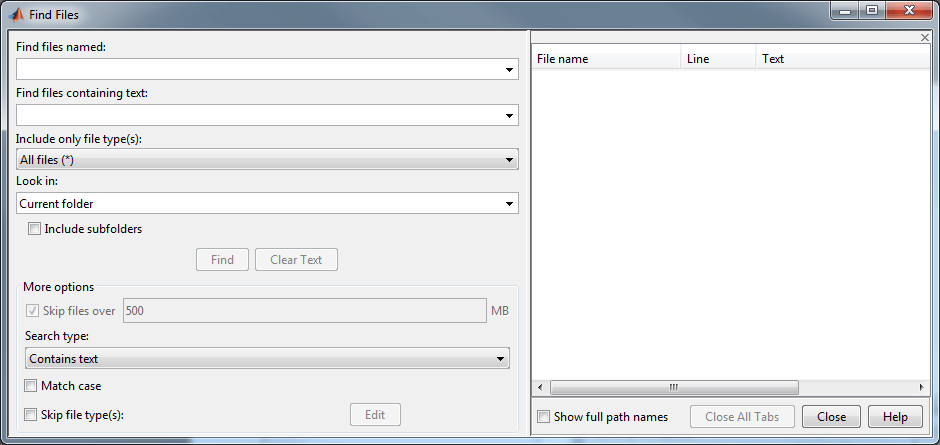Find Files tool with a search box for finding files by name and a search box for finding files by text