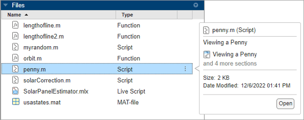 File browser in MATLAB Online with a list of files and the file preview for the penny.m file open