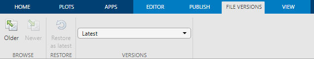 File Versions tab of the MATLAB Online toolstrip with options to browse older and newer versions, restore the current version, and select a version to view