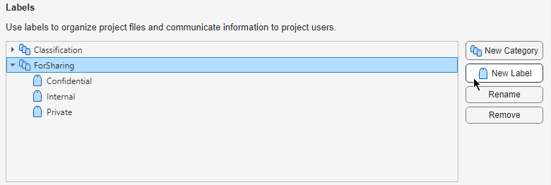 Labels section in the Project Settings dialog box shows the built-in and custom categories and labels on the left and New Category, New Label, Rename, and Remove buttons on the right.