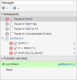 Debugger panel showing a Breakpoints section and a Function call stack section. The Breakpoints section shows Pause on Errors selected, as well as three enabled breakpoints in the plotRand.m file. The Function call stack section shows that the debugger is paused at line 9 of plotRand.m. The Debugger icon is visible in the sidebar.