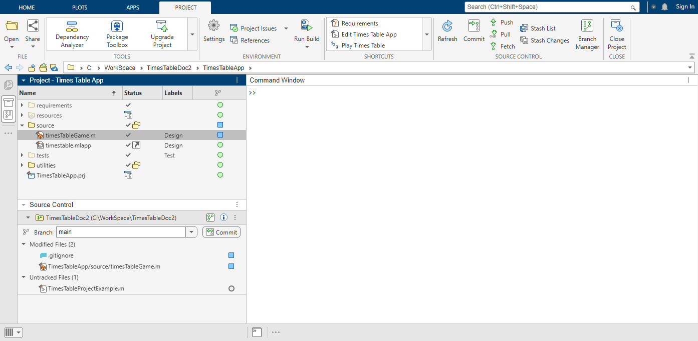 MATLAB desktop shows the Project toolstrip on top and the Project and Source Control panels stacked on the left.
