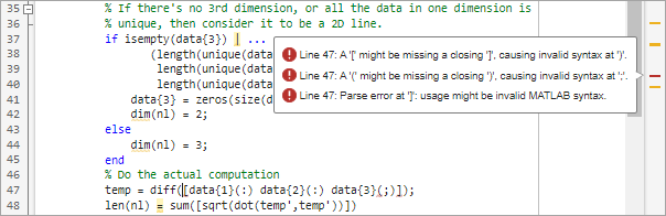 lengthofline file in the Editor after clicking the message indicator. Three errors display next to the error marker in the indicator bar.