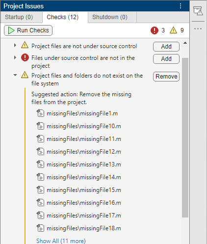 The Checks tab in the Project Issues panel shows multiple failing checks and the available fixes.