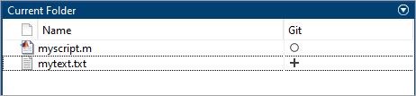 Current Folder browser showing two files. The Git column displays the Not Under Source Control icon next to the first file and the Added icon next to the second file.