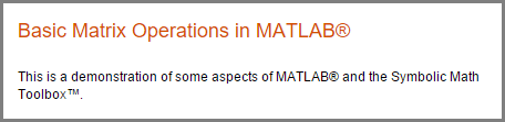 Published document with a title and line of text that includes the word MATLAB with a registered trademark symbol next to it and the phrase Symbolic Math Toolbox with a trademark symbol next to it