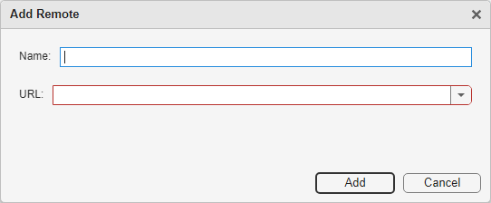 Add Remote dialog box shows Name and URL fields and Add and Cancel buttons at the bottom.